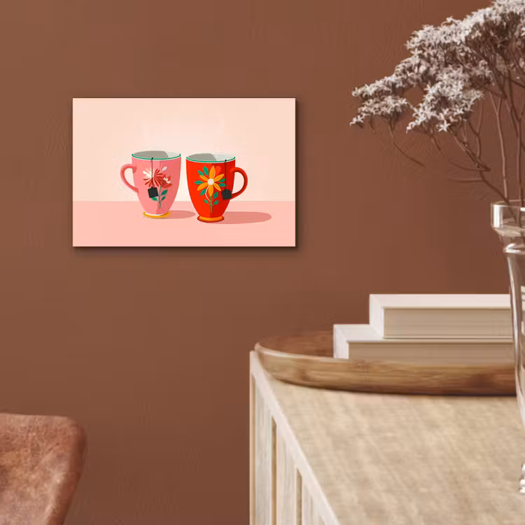 Aluminium schilderij - Theekopjes - Bloemmotieven - Roze - Theezakjes — 5