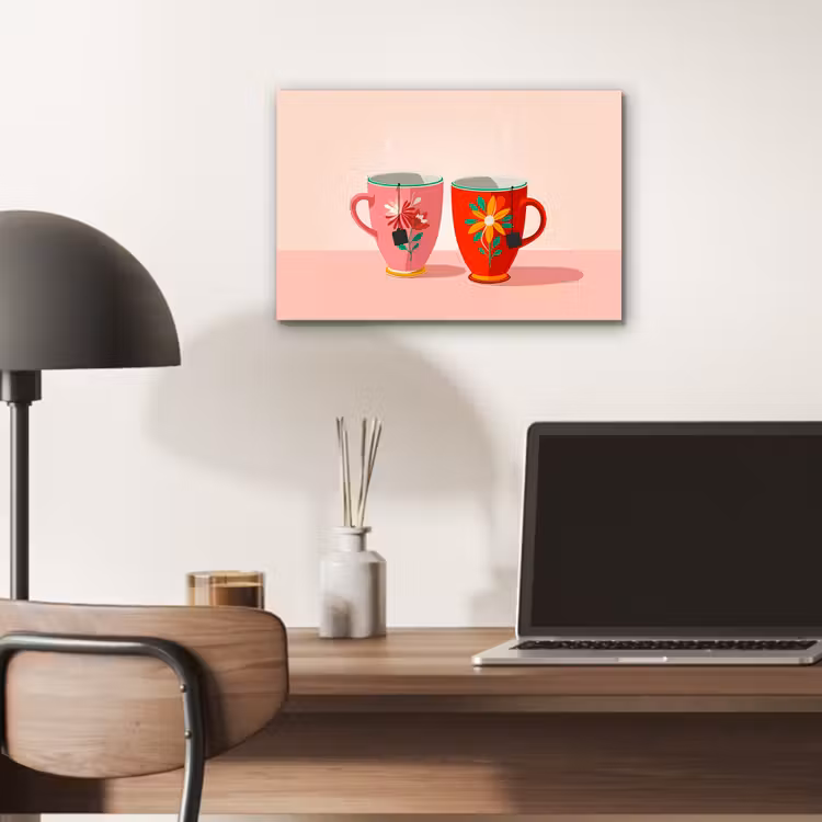 Aluminium schilderij - Theekopjes - Bloemmotieven - Roze - Theezakjes — 6
