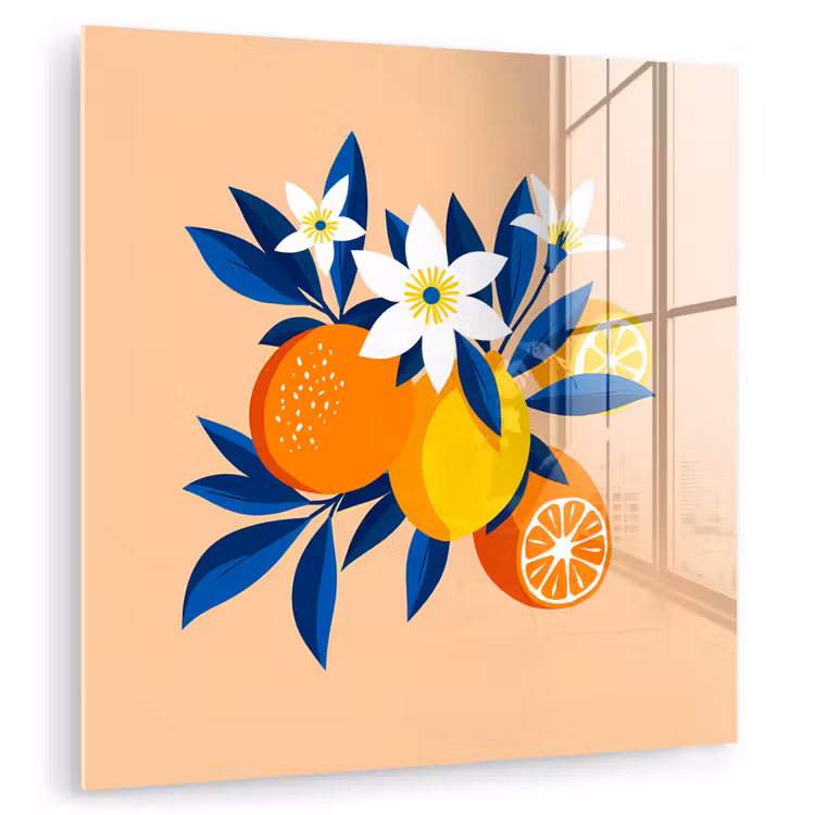 Glas schilderij - Illustratie - Sinaasappels - Donkerblauw - Bloemen — 1