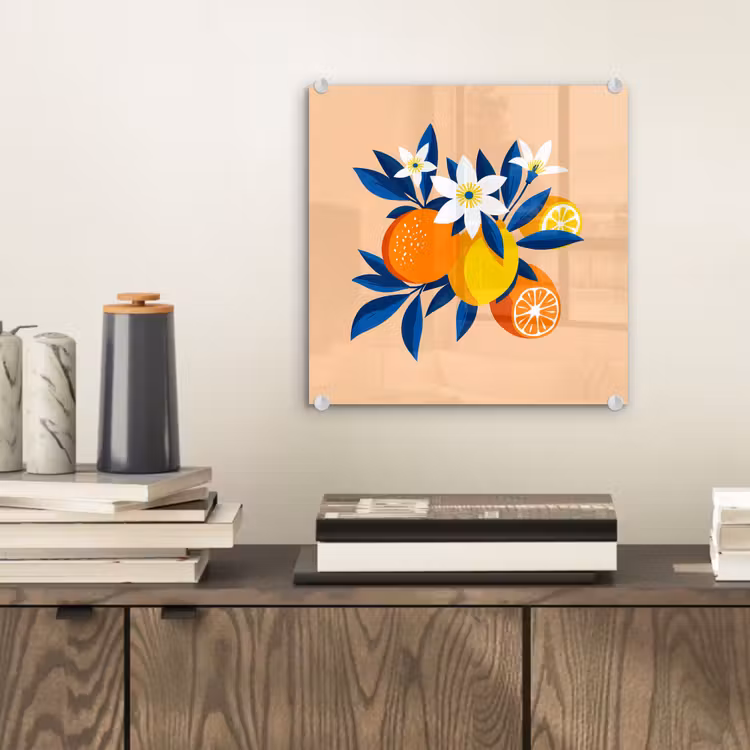 Glas schilderij - Illustratie - Sinaasappels - Donkerblauw - Bloemen — 2