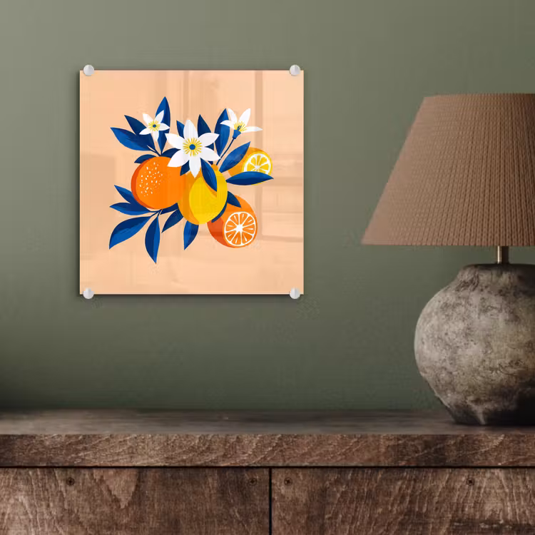 Glas schilderij - Illustratie - Sinaasappels - Donkerblauw - Bloemen — 4