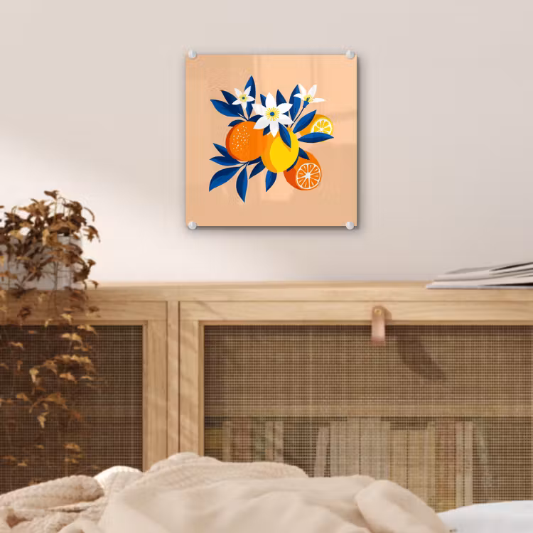 Glas schilderij - Illustratie - Sinaasappels - Donkerblauw - Bloemen — 5