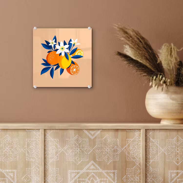 Glas schilderij - Illustratie - Sinaasappels - Donkerblauw - Bloemen — 6