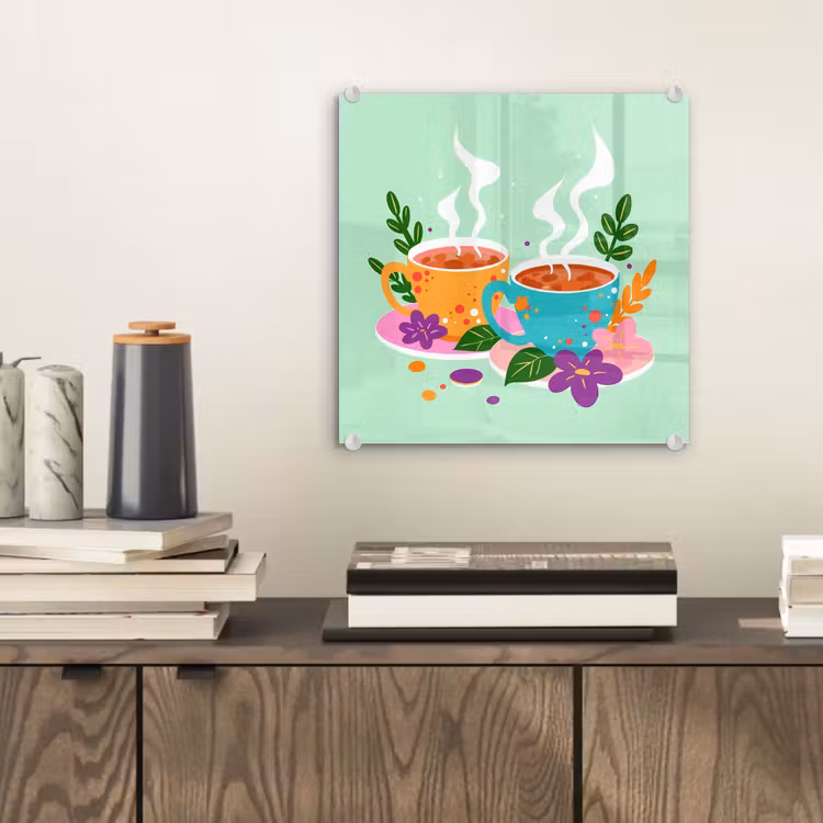 Glas schilderij - Thee - Illustratie - Kopjes - Bloemen — 2