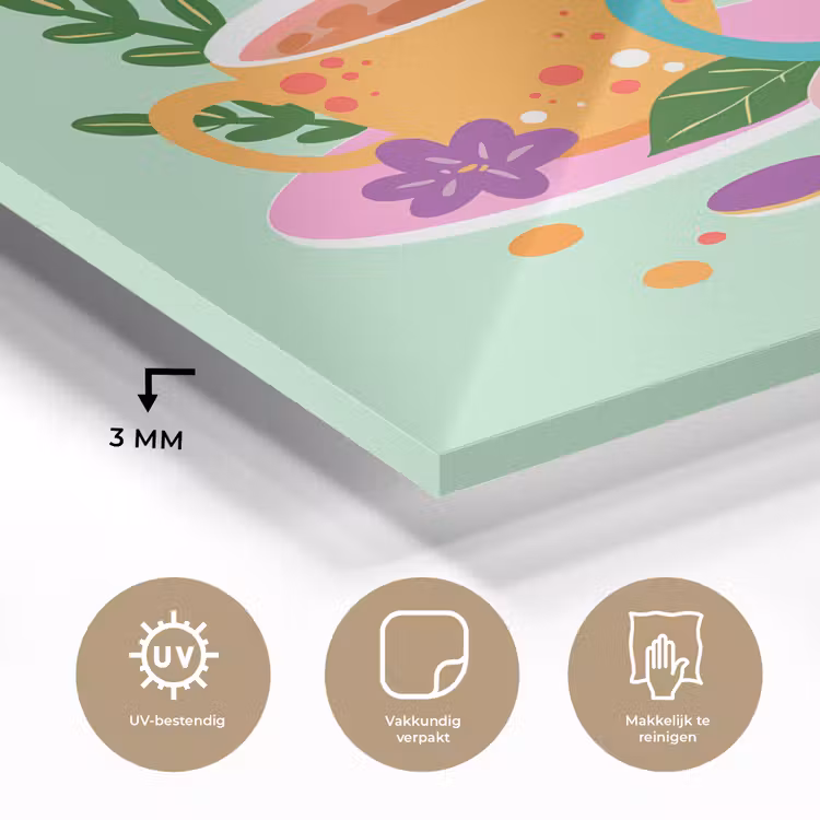 Glas schilderij - Thee - Illustratie - Kopjes - Bloemen — 3