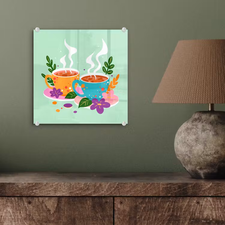 Glas schilderij - Thee - Illustratie - Kopjes - Bloemen — 4