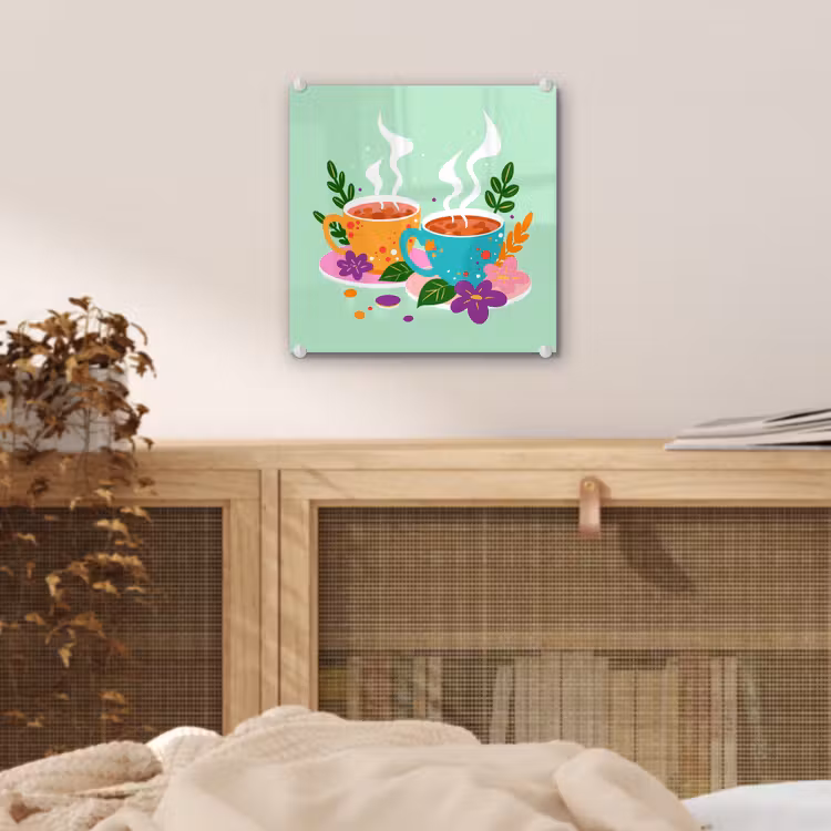 Glas schilderij - Thee - Illustratie - Kopjes - Bloemen — 5