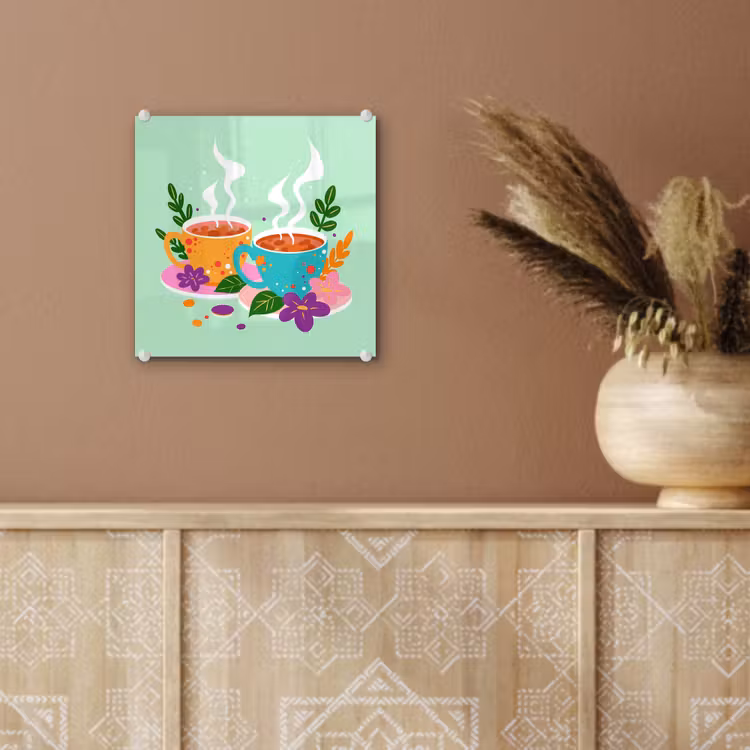 Glas schilderij - Thee - Illustratie - Kopjes - Bloemen — 6