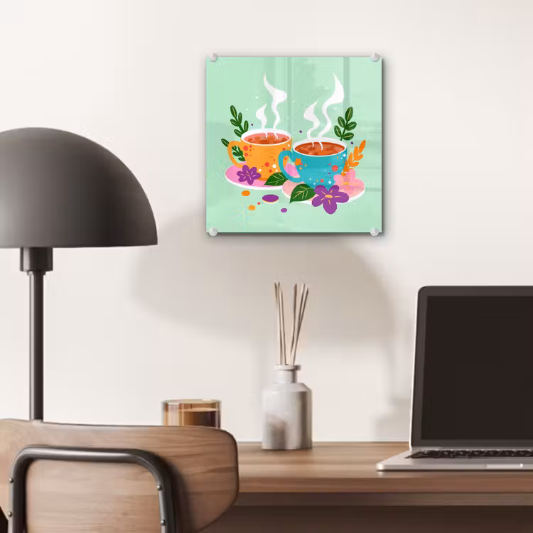Glas schilderij - Thee - Illustratie - Kopjes - Bloemen — 7