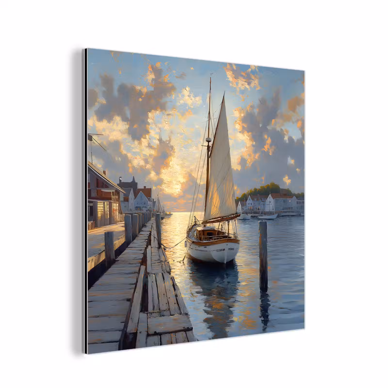 Aluminium schilderij - Zeilboot - Zon - Pier - Hout — 1