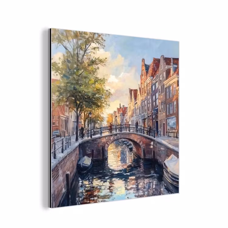 Aluminium schilderij - Brug - Stad - Huizen - Boot — 1