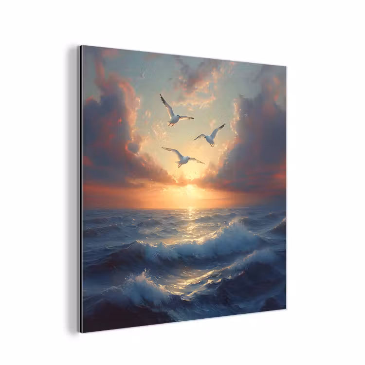 Aluminium schilderij - Meeuwen - Zonsondergang - Zee - Wolken — 1