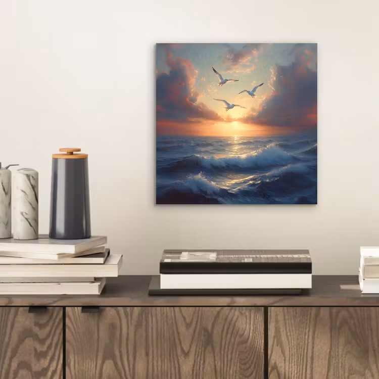Aluminium schilderij - Meeuwen - Zonsondergang - Zee - Wolken — 2