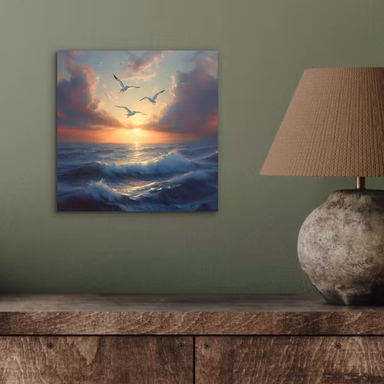 Aluminium schilderij - Meeuwen - Zonsondergang - Zee - Wolken — 3