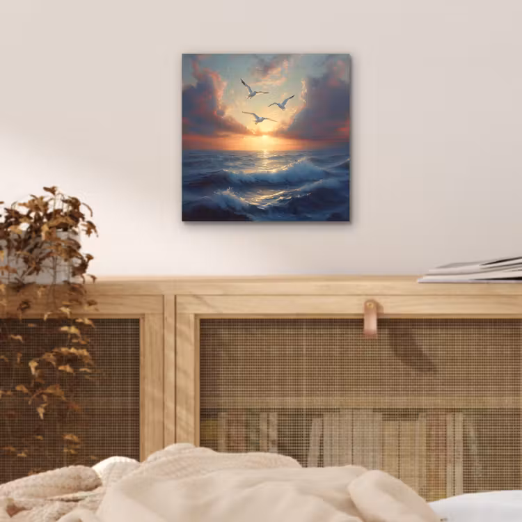 Aluminium schilderij - Meeuwen - Zonsondergang - Zee - Wolken — 4