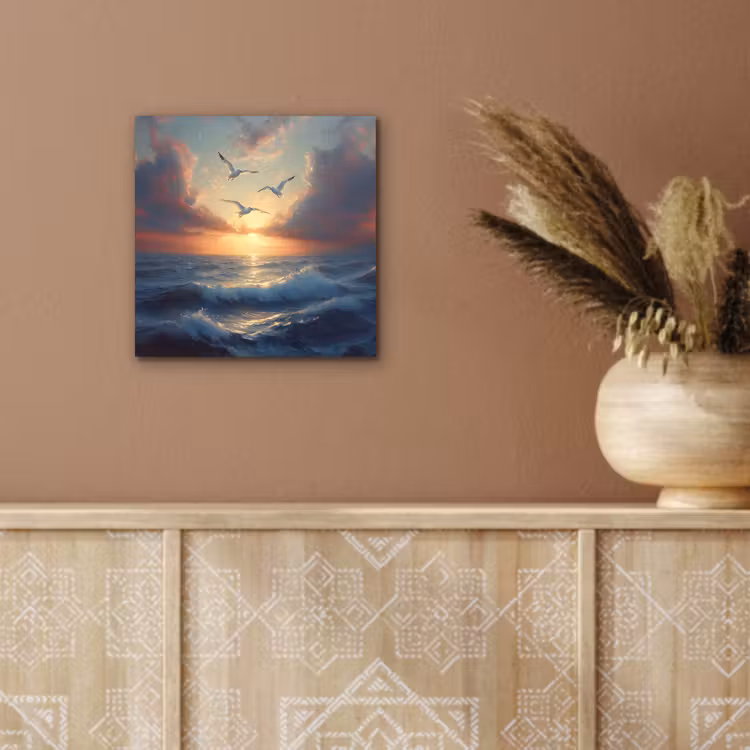 Aluminium schilderij - Meeuwen - Zonsondergang - Zee - Wolken — 5