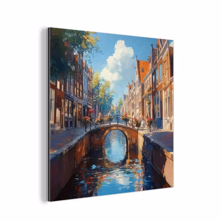 Aluminium schilderij - Stad - Gracht - Zon - Fietsen — 1