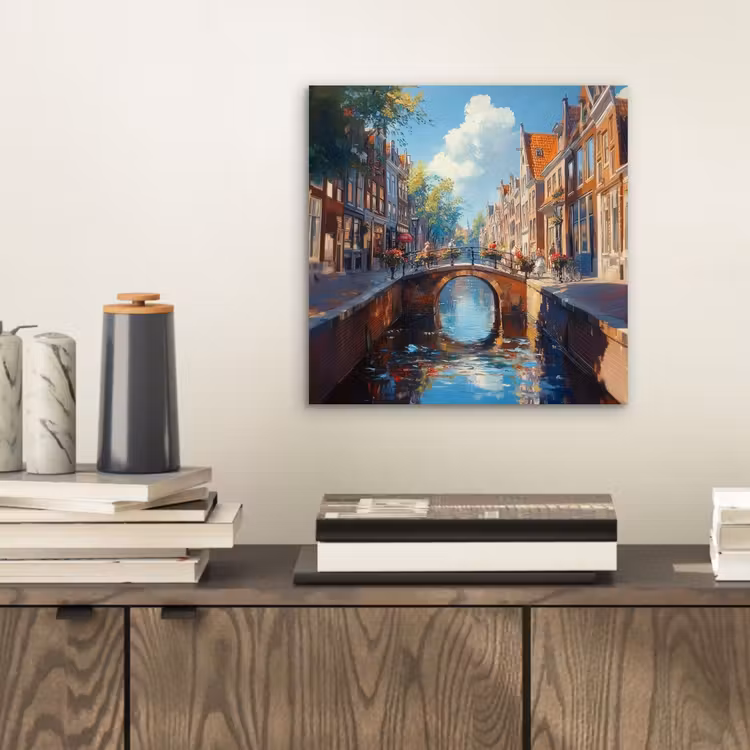 Aluminium schilderij - Stad - Gracht - Zon - Fietsen — 2