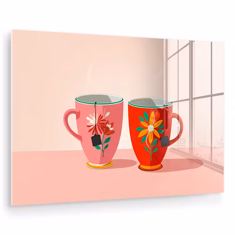 Glas schilderij - Theekopjes - Bloemmotieven - Roze - Theezakjes — 1