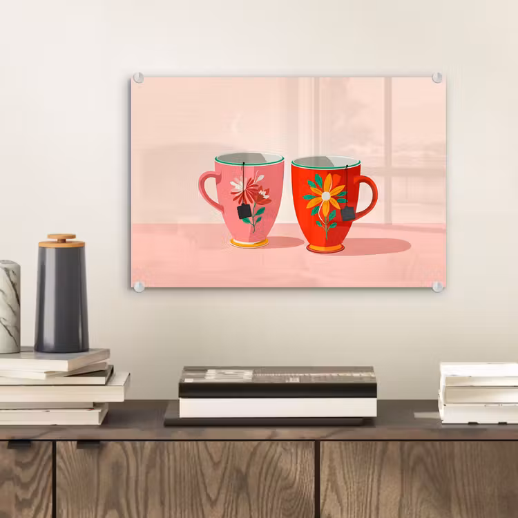 Glas schilderij - Theekopjes - Bloemmotieven - Roze - Theezakjes — 2
