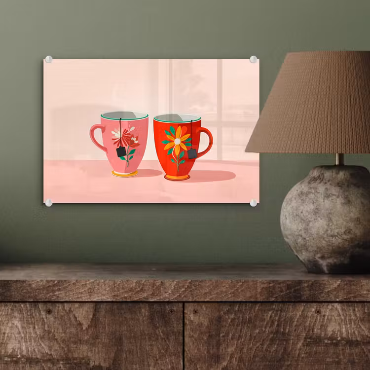 Glas schilderij - Theekopjes - Bloemmotieven - Roze - Theezakjes — 4