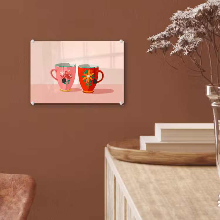 Glas schilderij - Theekopjes - Bloemmotieven - Roze - Theezakjes — 6