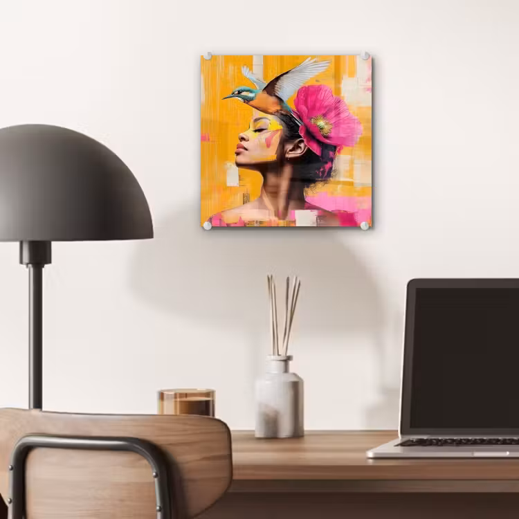 Glas schilderij - Vogel - Vrouw - Abstract - Bloem — 7