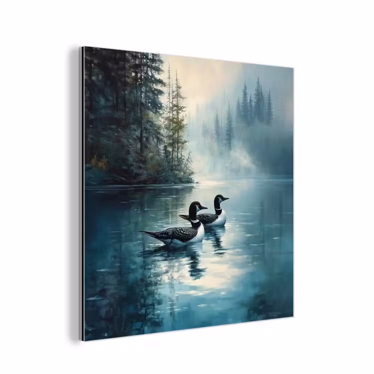 Aluminium schilderij - Bos - Water - Eenden - Mistig — 1