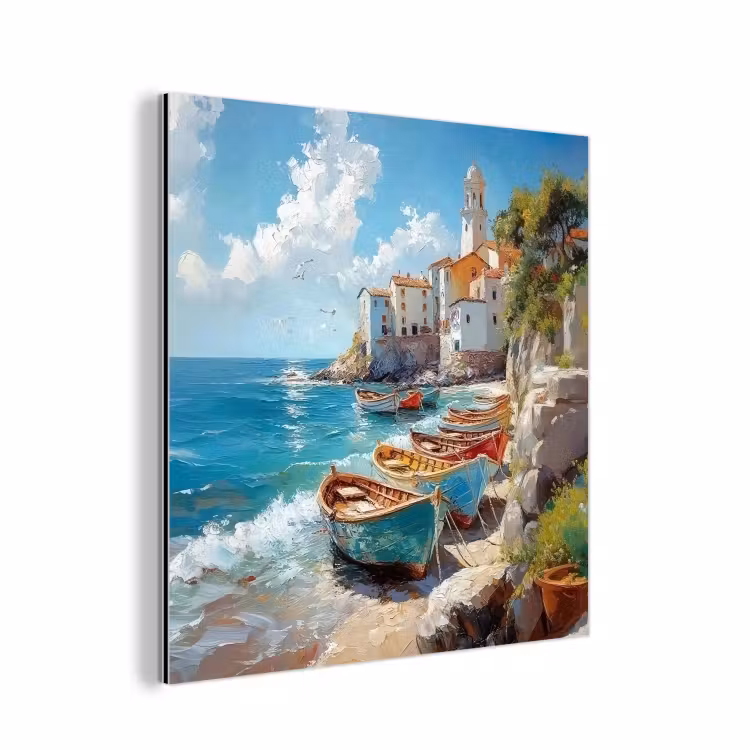 Aluminium schilderij - Boten - Rotsen - Zee - Zon — 1