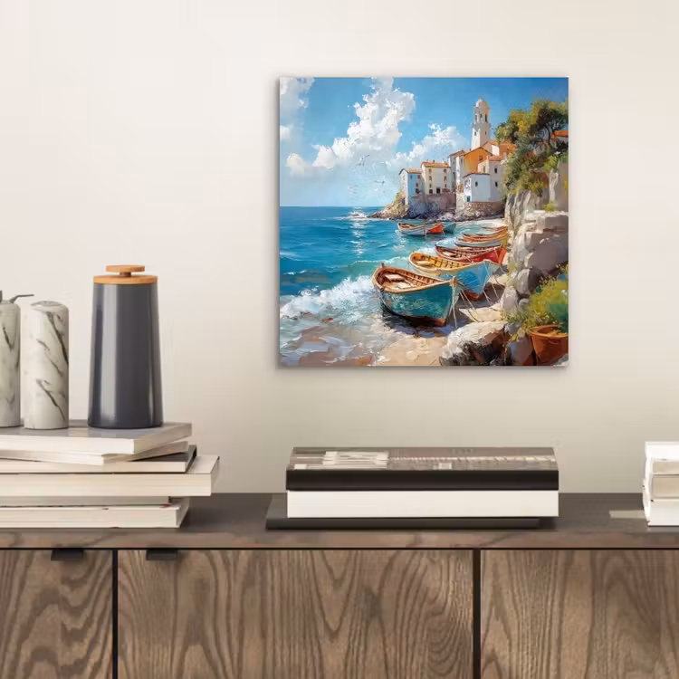 Aluminium schilderij - Boten - Rotsen - Zee - Zon — 2