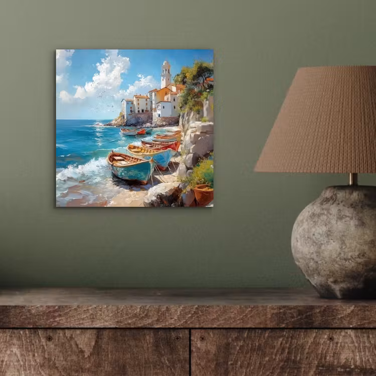 Aluminium schilderij - Boten - Rotsen - Zee - Zon — 3