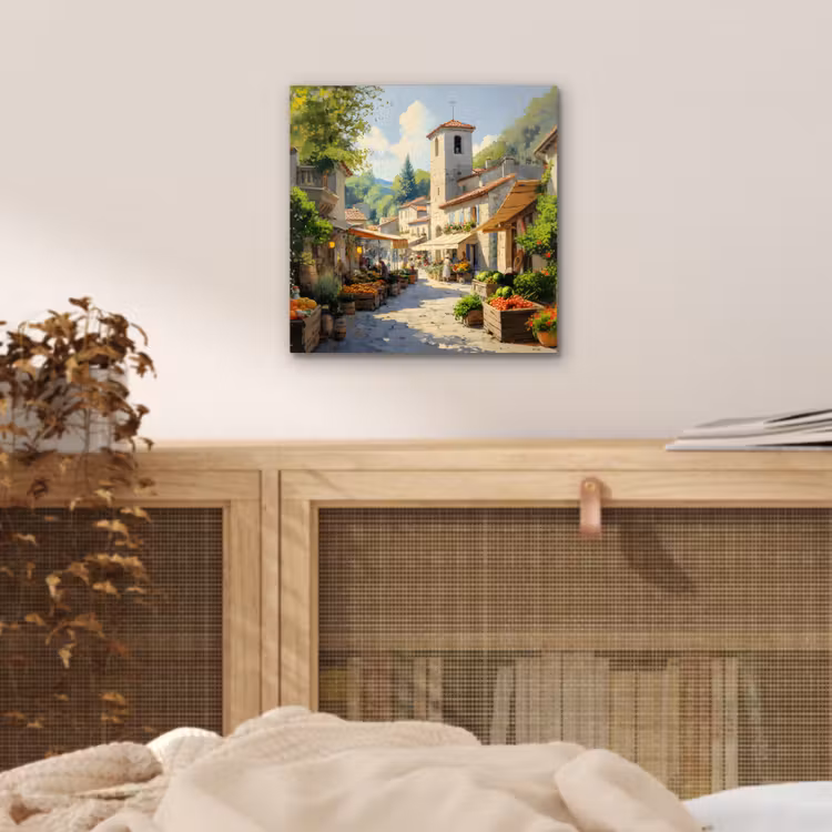 Aluminium schilderij - Dorp - Zon - Kraampjes - Huizen — 4