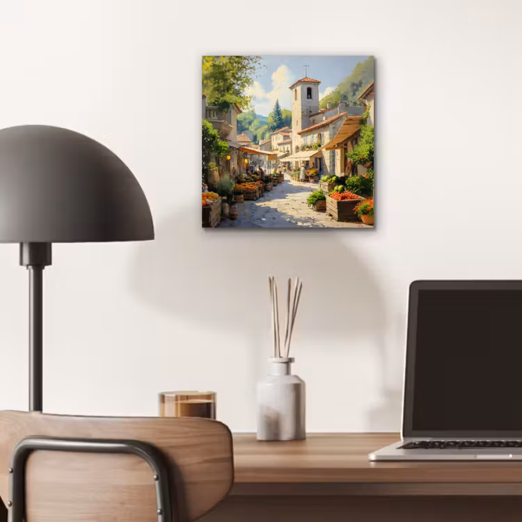 Aluminium schilderij - Dorp - Zon - Kraampjes - Huizen — 6