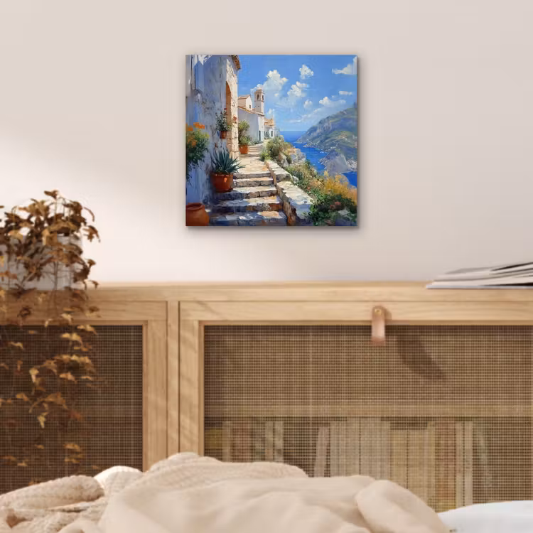 Aluminium schilderij - Trap - Huizen - Berglandschap - Zee — 4