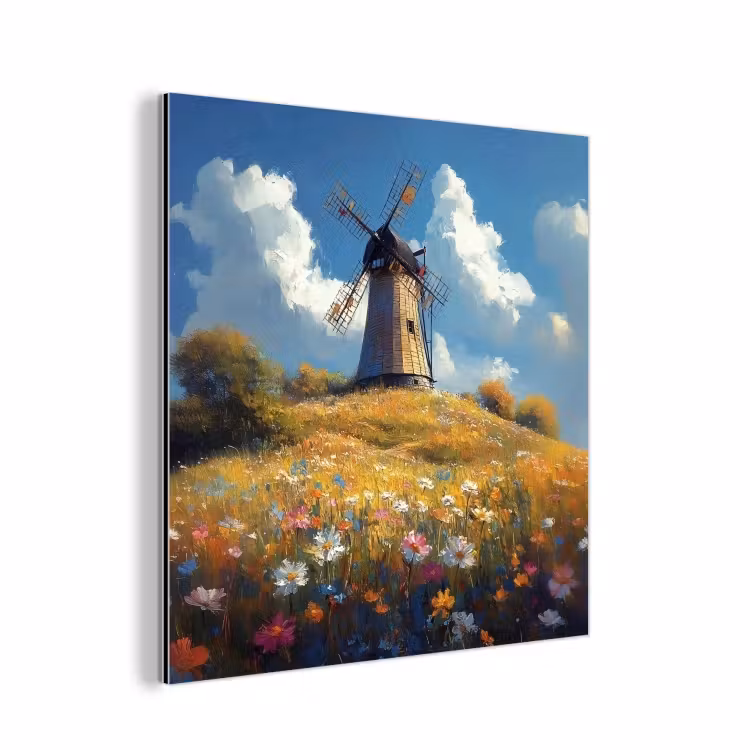 Aluminium schilderij - Windmolen - Heuvel - Bloemen - Kleurrijk — 1