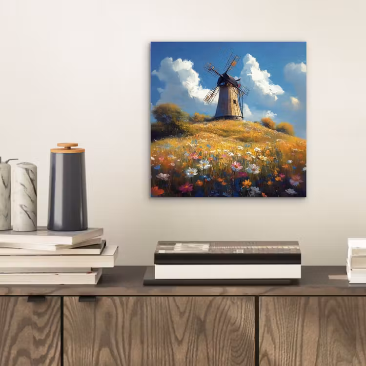 Aluminium schilderij - Windmolen - Heuvel - Bloemen - Kleurrijk — 2