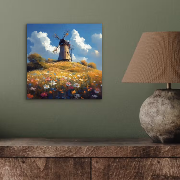 Aluminium schilderij - Windmolen - Heuvel - Bloemen - Kleurrijk — 3