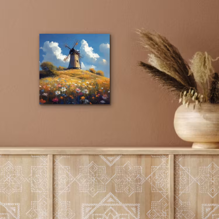 Aluminium schilderij - Windmolen - Heuvel - Bloemen - Kleurrijk — 5