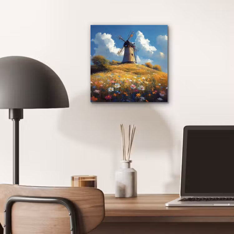 Aluminium schilderij - Windmolen - Heuvel - Bloemen - Kleurrijk — 6