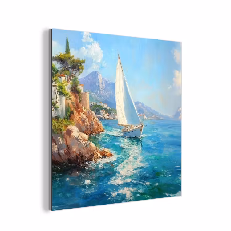 Aluminium schilderij - Zeilboot - Rotsen - Kust - Huizen — 1