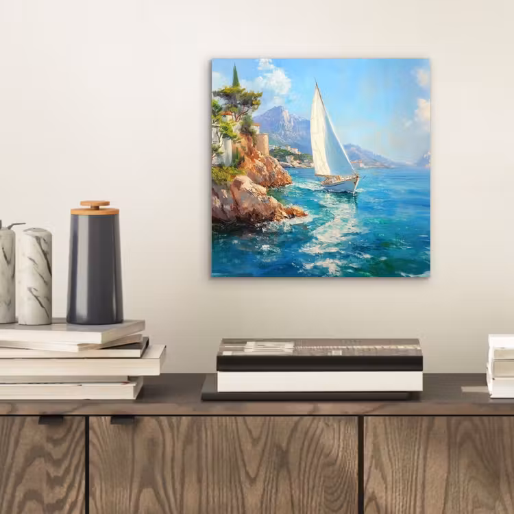 Aluminium schilderij - Zeilboot - Rotsen - Kust - Huizen — 2