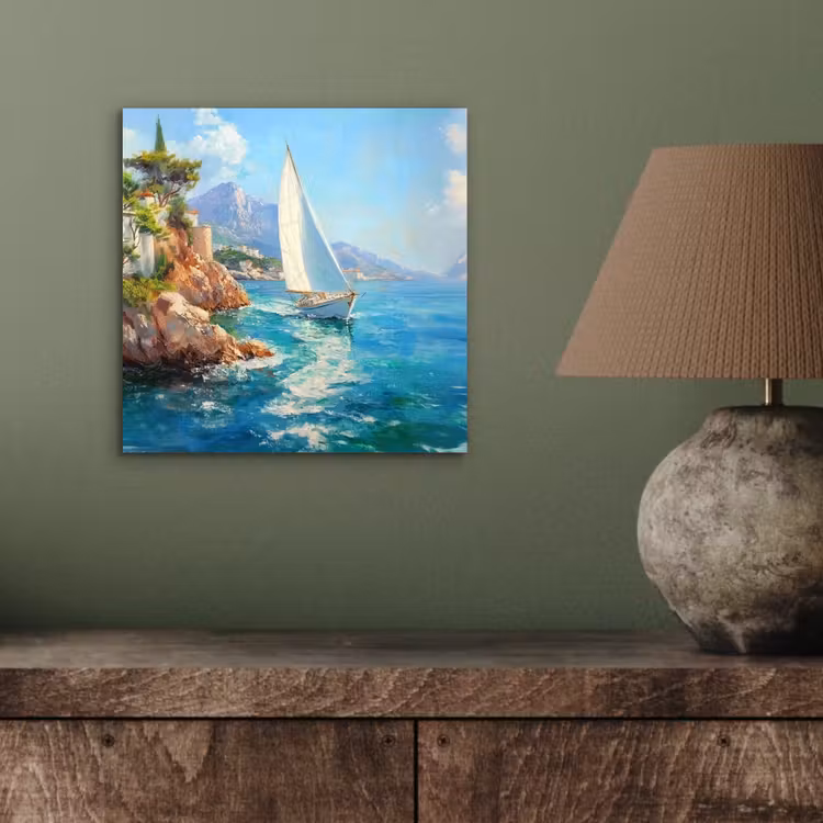Aluminium schilderij - Zeilboot - Rotsen - Kust - Huizen — 3