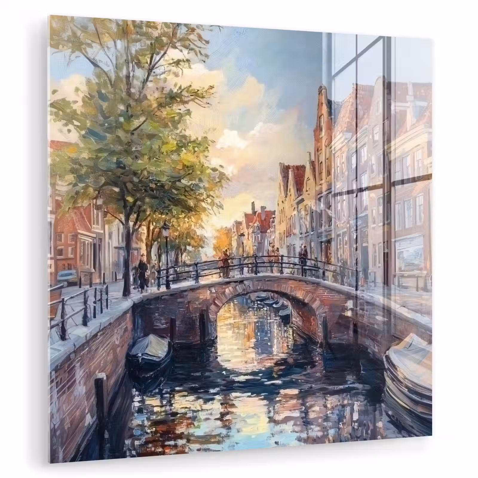 Glas schilderij - Brug - Stad - Huizen - Boot — 1