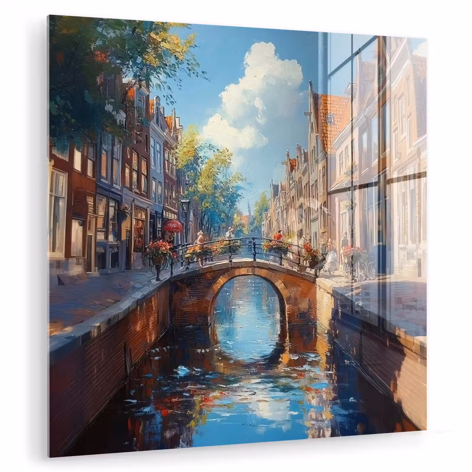 Glas schilderij - Stad - Gracht - Zon - Fietsen — 1