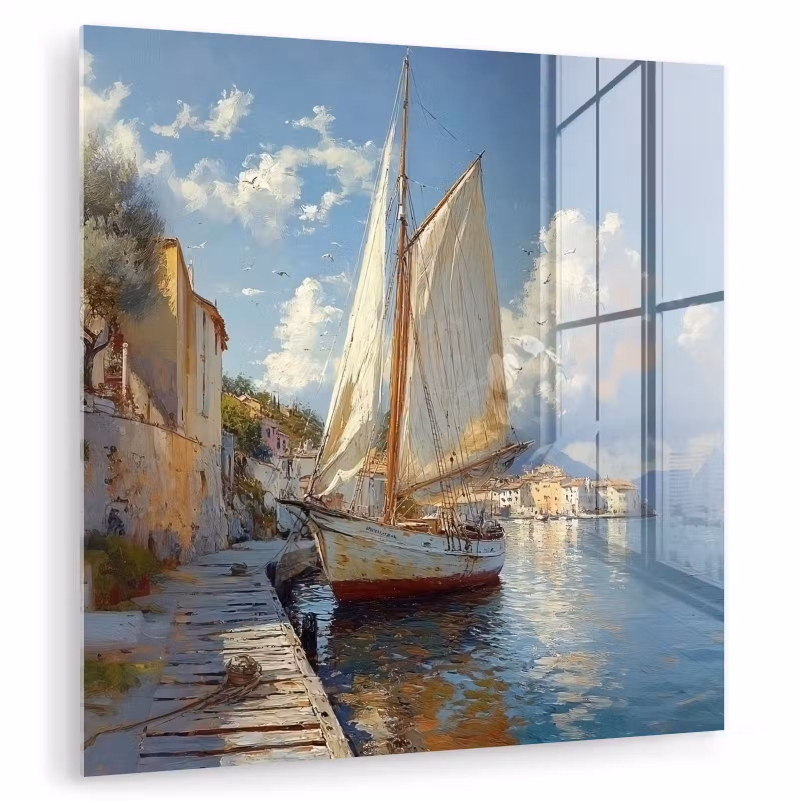 Glas schilderij - Zeilschip - Huizen - Kade - Zee — 1