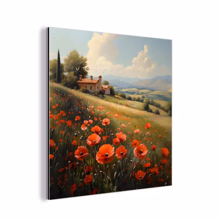 Aluminium schilderij - Klaprozen - Rood - Heuvels - Landschap — 1