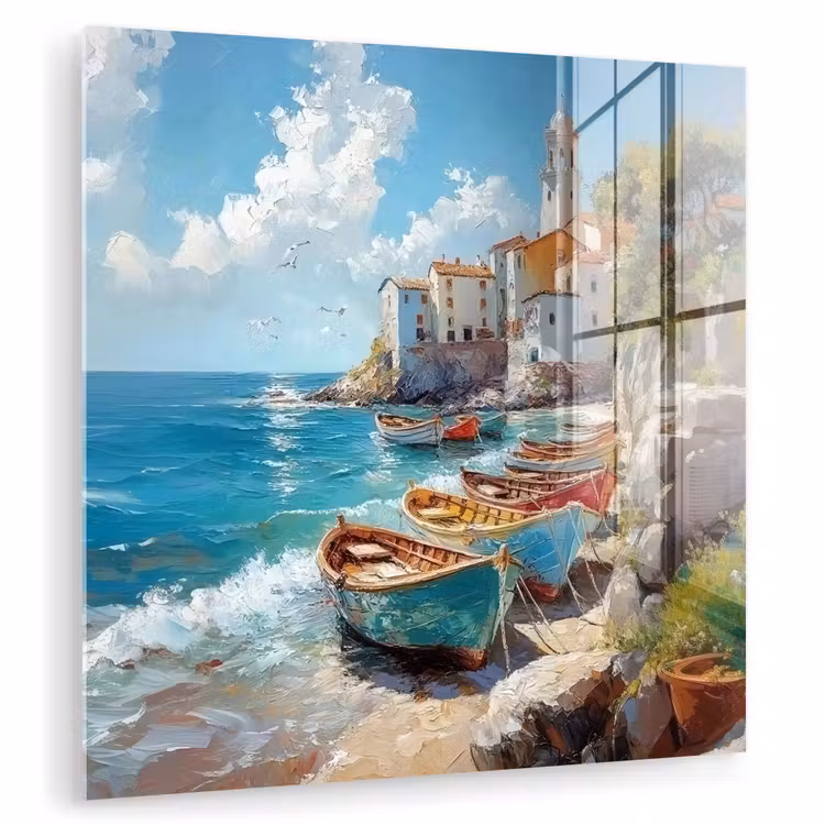 Glas schilderij - Boten - Rotsen - Zee - Zon — 1