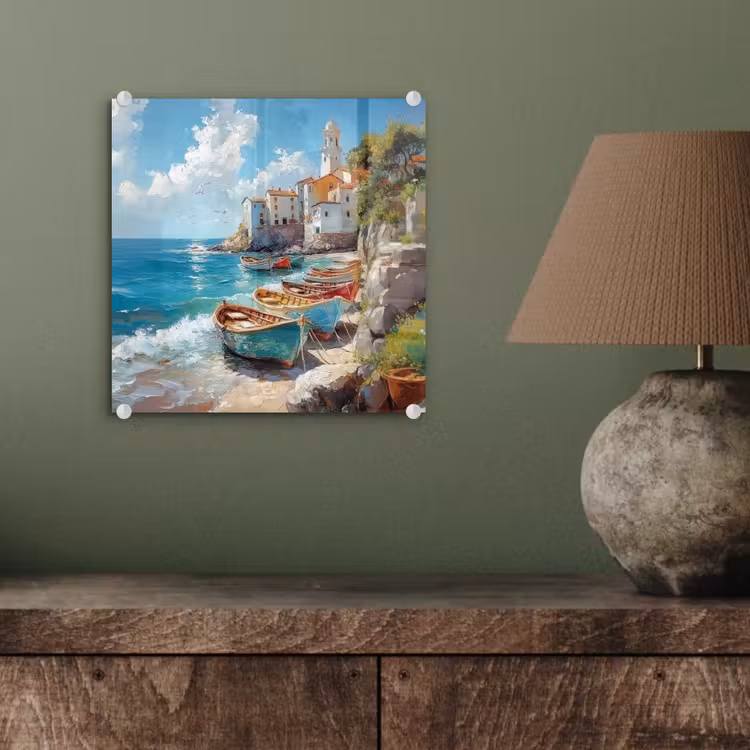 Glas schilderij - Boten - Rotsen - Zee - Zon — 4