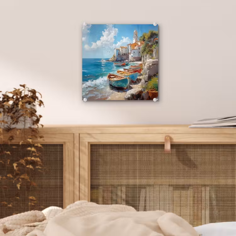 Glas schilderij - Boten - Rotsen - Zee - Zon — 5