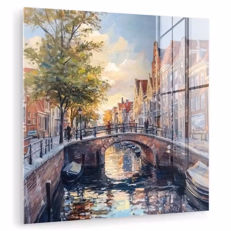 Glas schilderij - Brug - Stad - Huizen - Boot — 1
